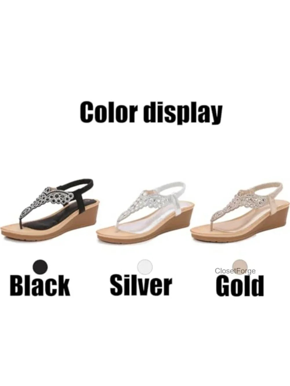 Women's T-Strap Rhinestone Wedge Sandals Arch Support Non Slip
